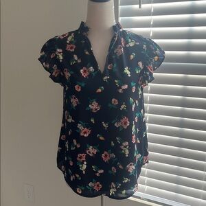 Sienna Sky Navy Floral Split-Neck Flutter Sleeve Blouse